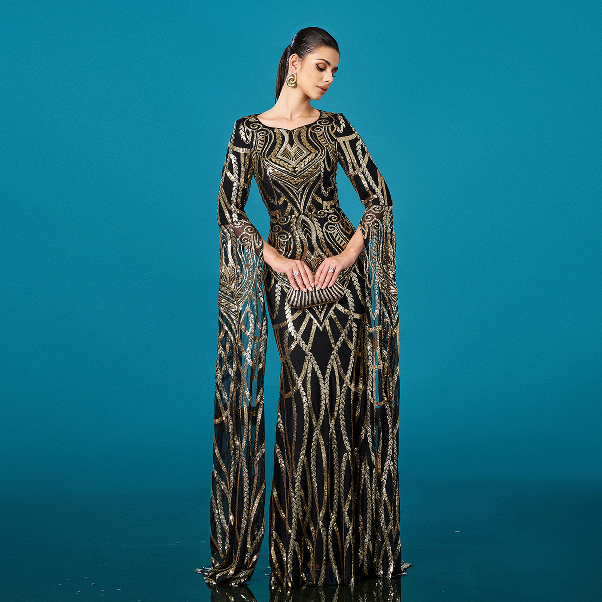 High End Long Sleeved Round Neck Slim Fit Sheath Sequined Cocktail Fishtail Evening Dress - Image 3