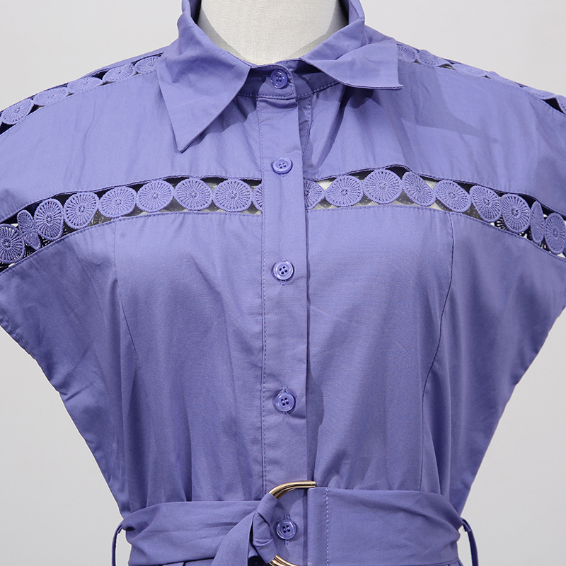 Solid Color Dress Summer Polo Collar Hollow Out Cutout out Belt Waist Trimming Short Sleeved Large Swing Dress - Image 12