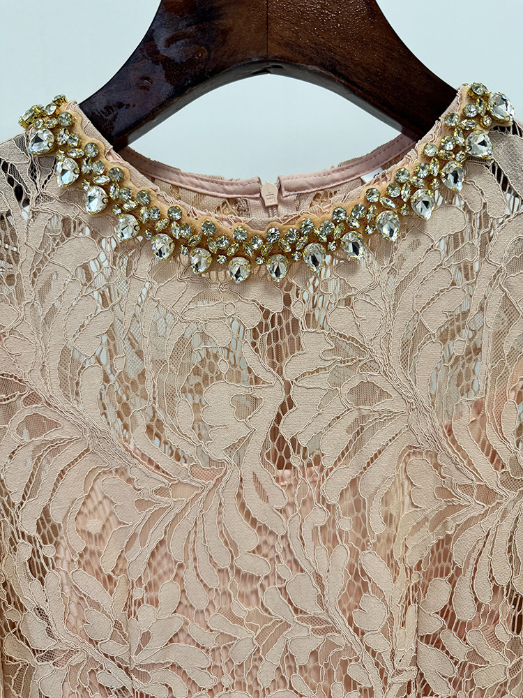 Spring Summer Star Bead Diamond Long Sleeve Slim Water Soluble Lace Dress - Image 6