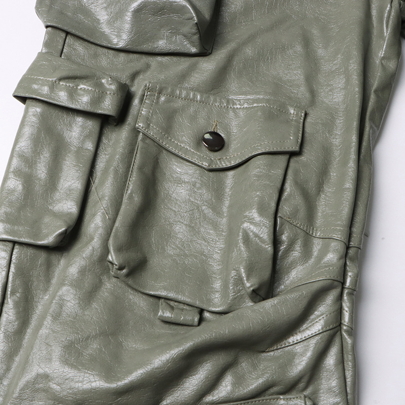 Unique High Waist Large Pocket Faux Leather Straight Leg Pants - Image 11