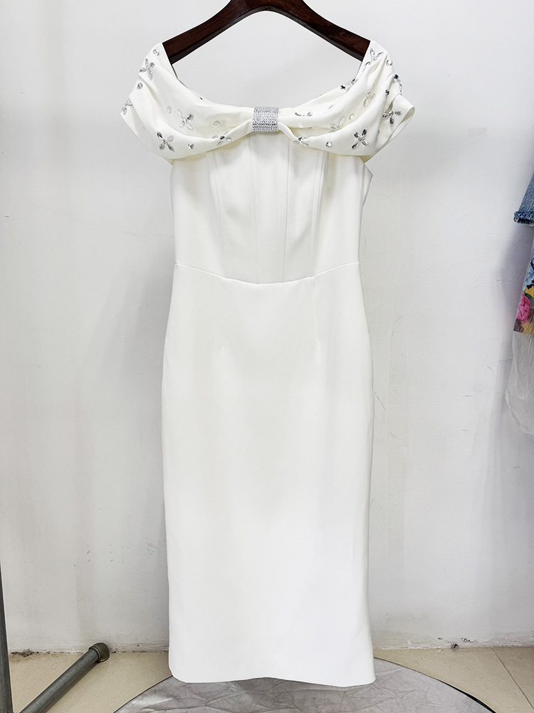 Off Shoulder Beads Rhinestones Mid Length Dress - Image 8