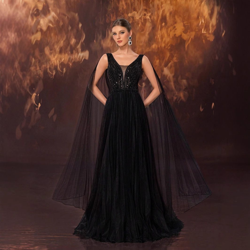 Elegant Handmade Beaded Mesh Wide Hem Maxi Formal Dress
