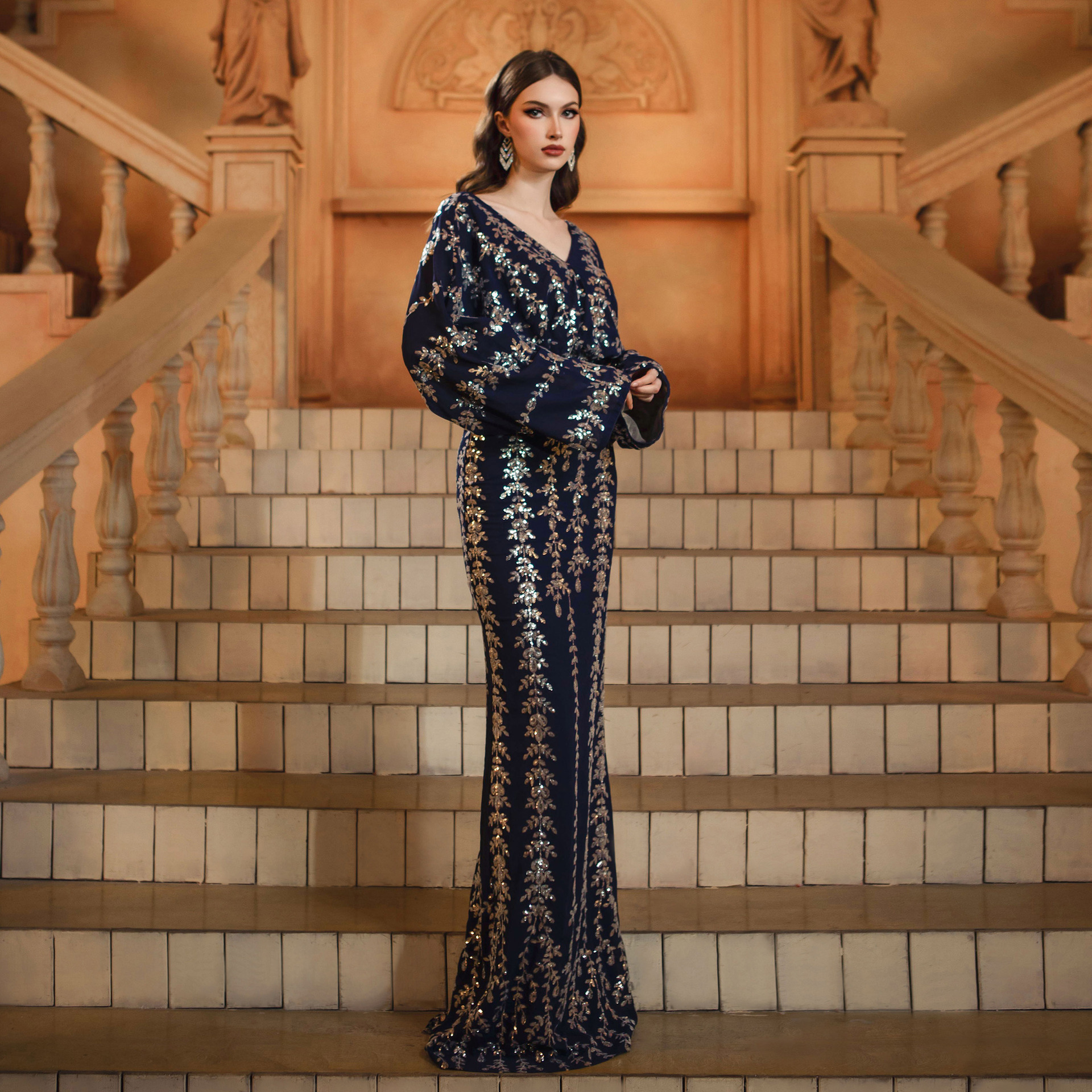 High End Long Sleeved V neck Slim Fit Sheath Sequined Cocktail Fishtail Evening Dress - Image 2