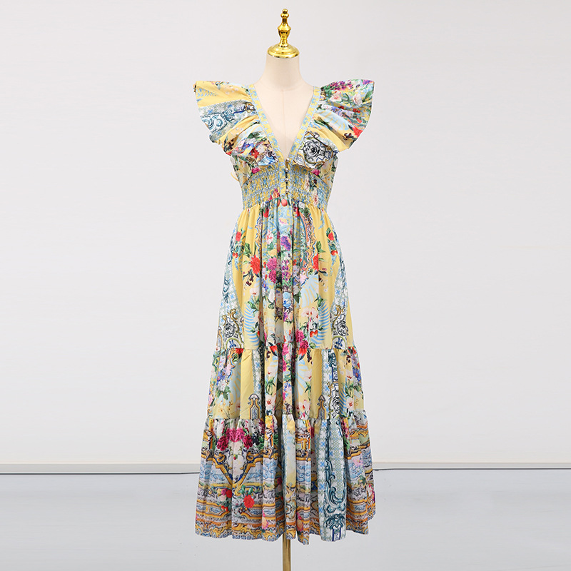 Bohemian Vacation Maxi Dress Printed Painted V neck Slim Fit Slimming Dress - Image 2