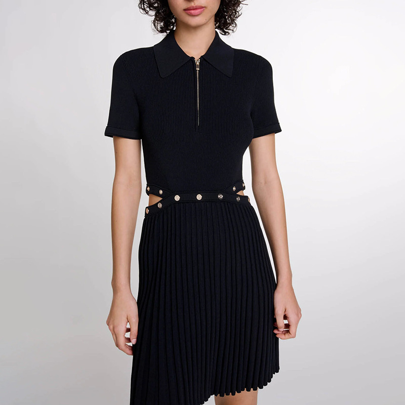 Pleated Short Dress Elegant Polo Collar Short Waist Slimming Dress