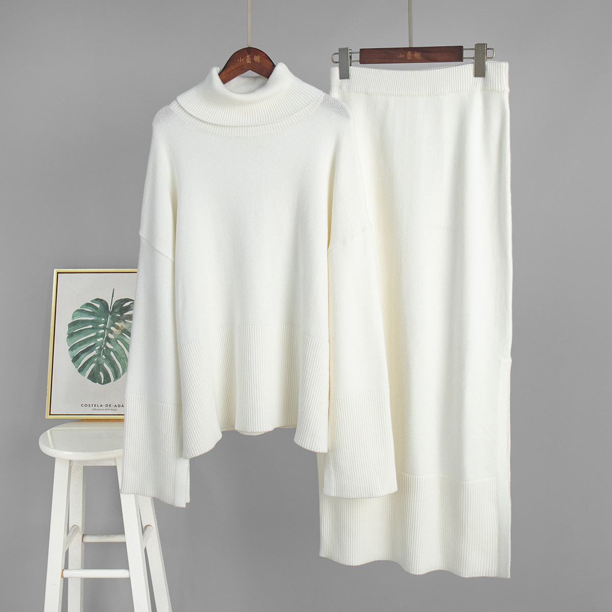 Turtleneck Sweater Skirt Set Loose Sweater Split Skirt Set - Image 5