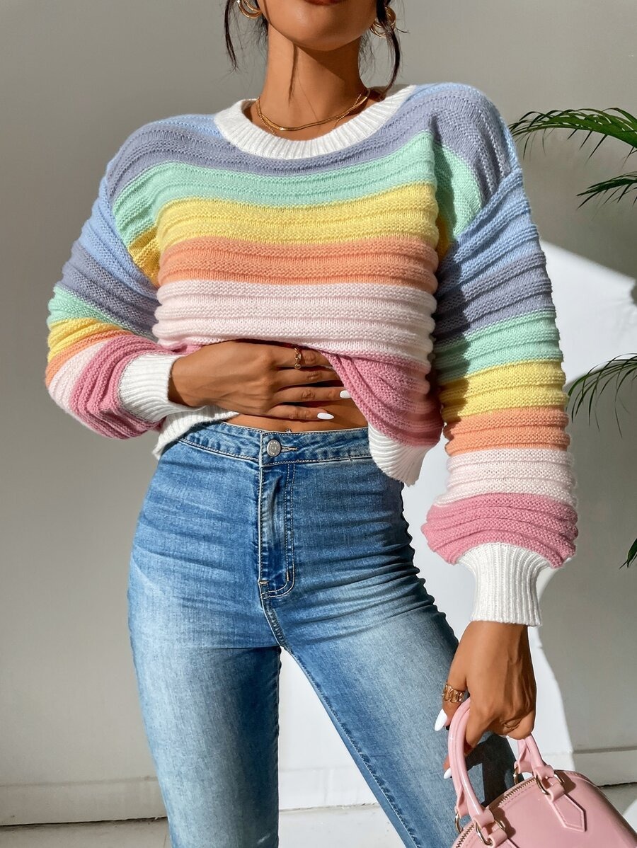 Elegant Spliced Sweater Rainbow Striped Lantern Sleeve Knitted Pullover - Image 5