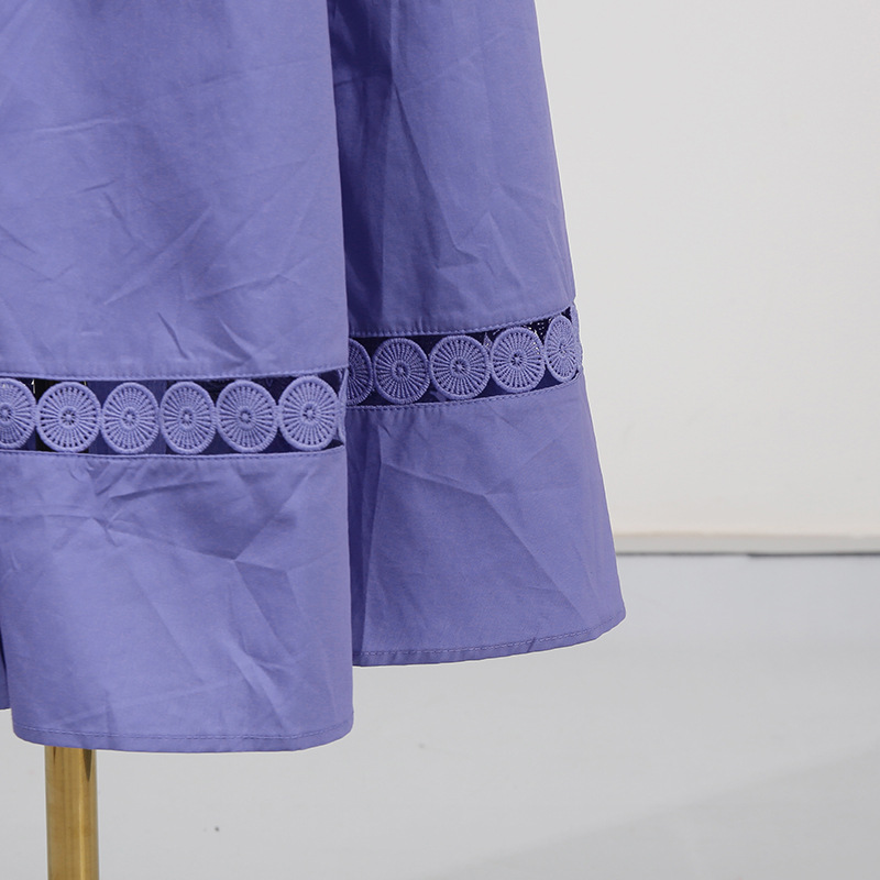 Solid Color Dress Summer Polo Collar Hollow Out Cutout out Belt Waist Trimming Short Sleeved Large Swing Dress - Image 13