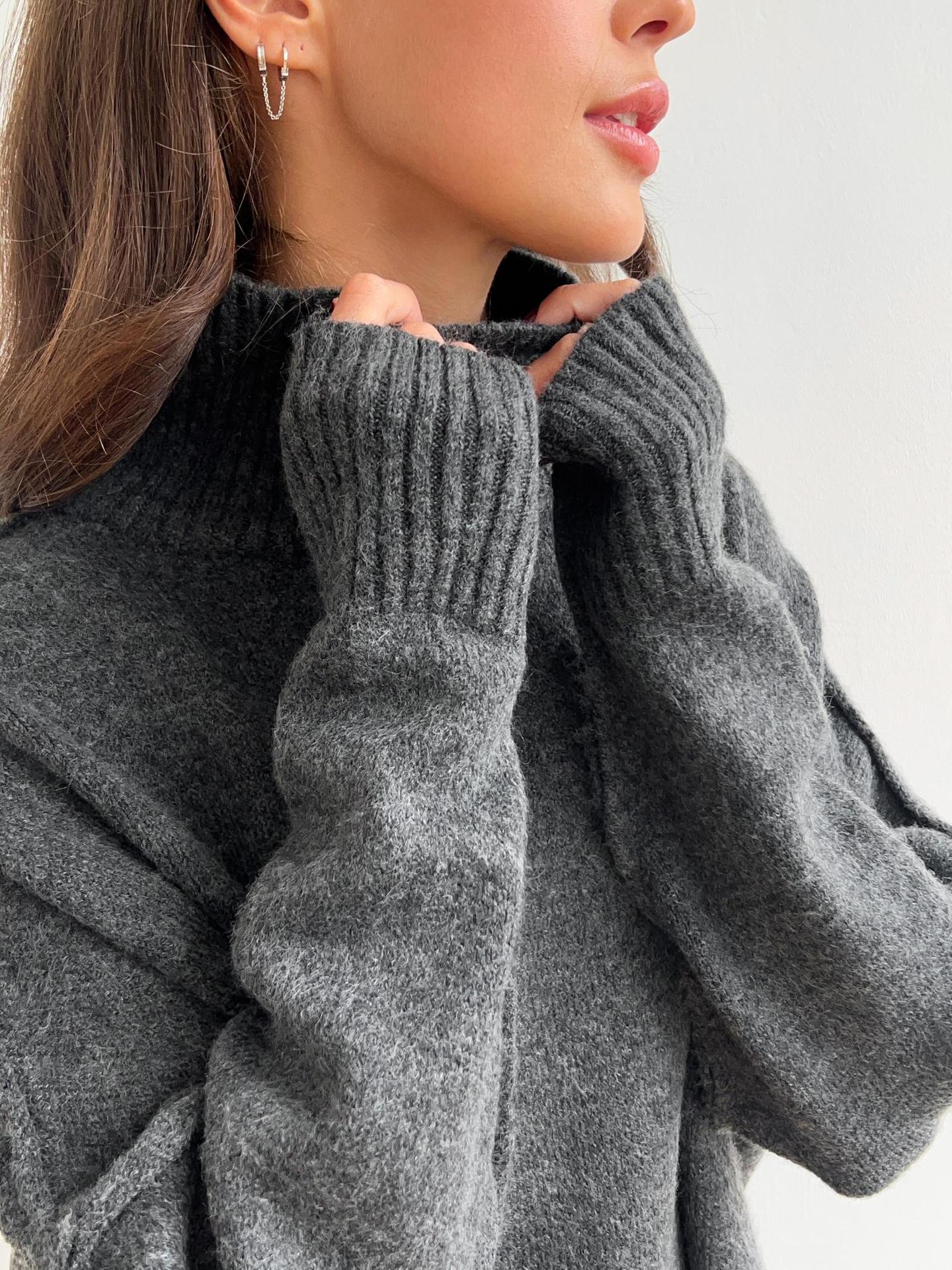 High Neck Split Wool Sweater Loose Casual Lazy Knitted Trousers Two Piece Set - Image 5
