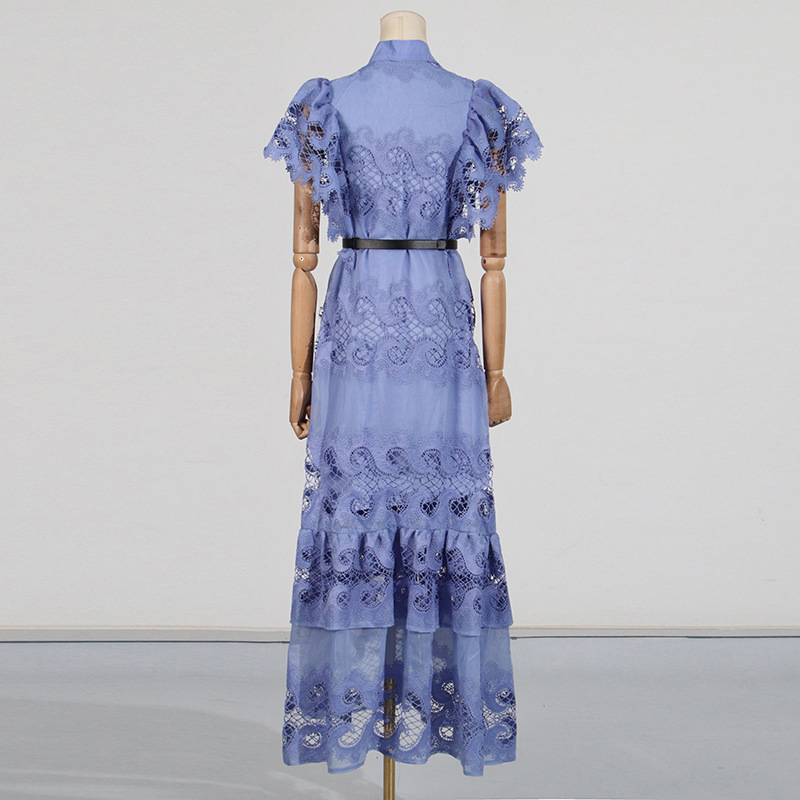 Refined Handmade Lace Patchwork Stand Collar Short Sleeve Belt Decoration Hollow Out Cutout Dress - Image 3