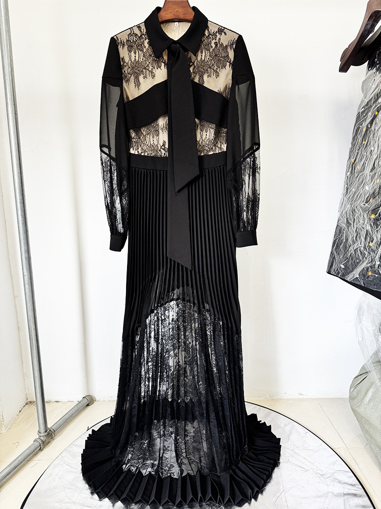 tar Lace Stitching Pleated Maxi Dress Floor Length Dress - Image 2