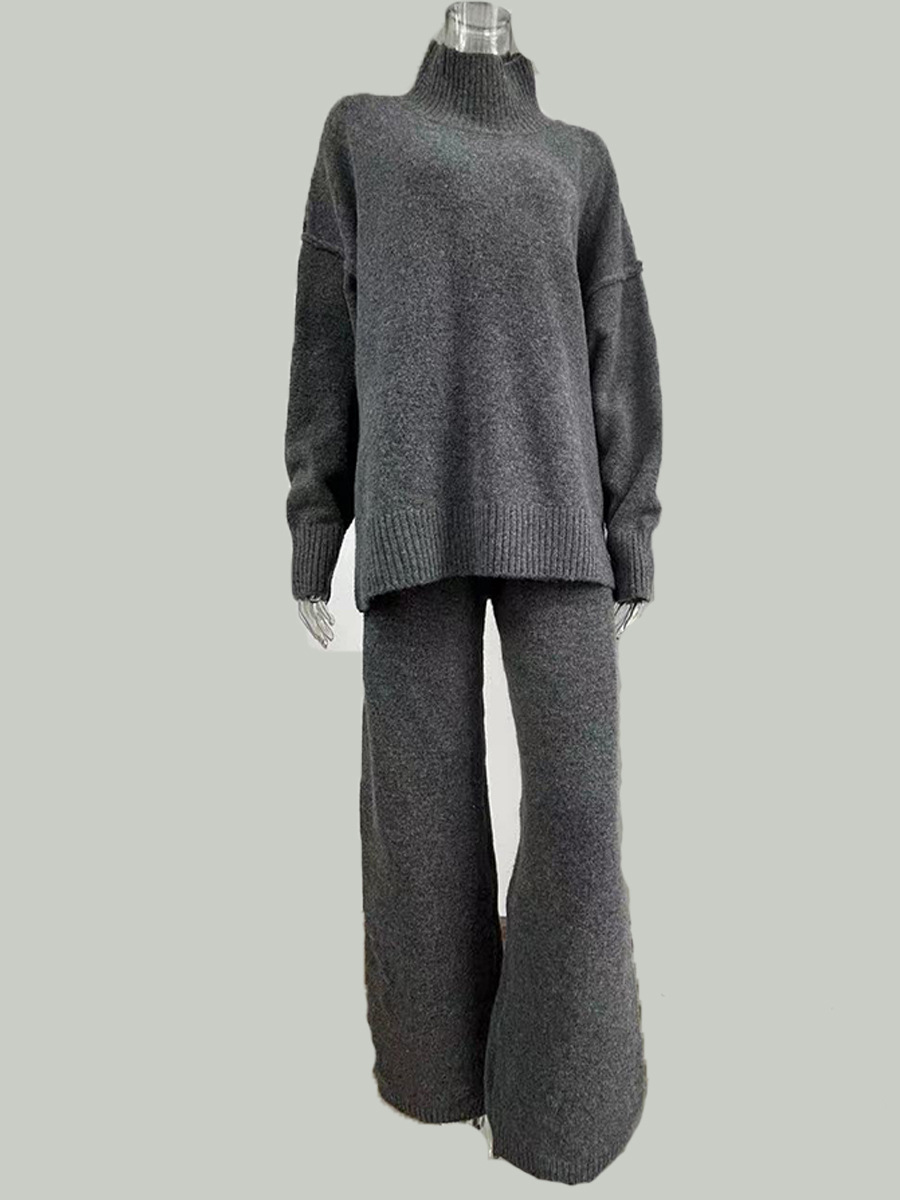 High Neck Split Wool Sweater Loose Casual Lazy Knitted Trousers Two Piece Set - Image 7
