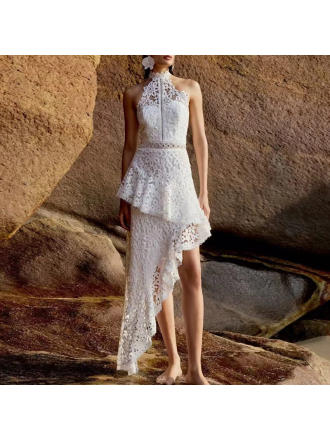 Casual Seaside Vacation Two Piece Set Lace Sleeveless Top Irregular Asymmetric Skirt Lace Set