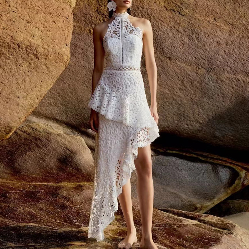 Casual Seaside Vacation Two Piece Set Lace Sleeveless Top Irregular Asymmetric Skirt Lace Set