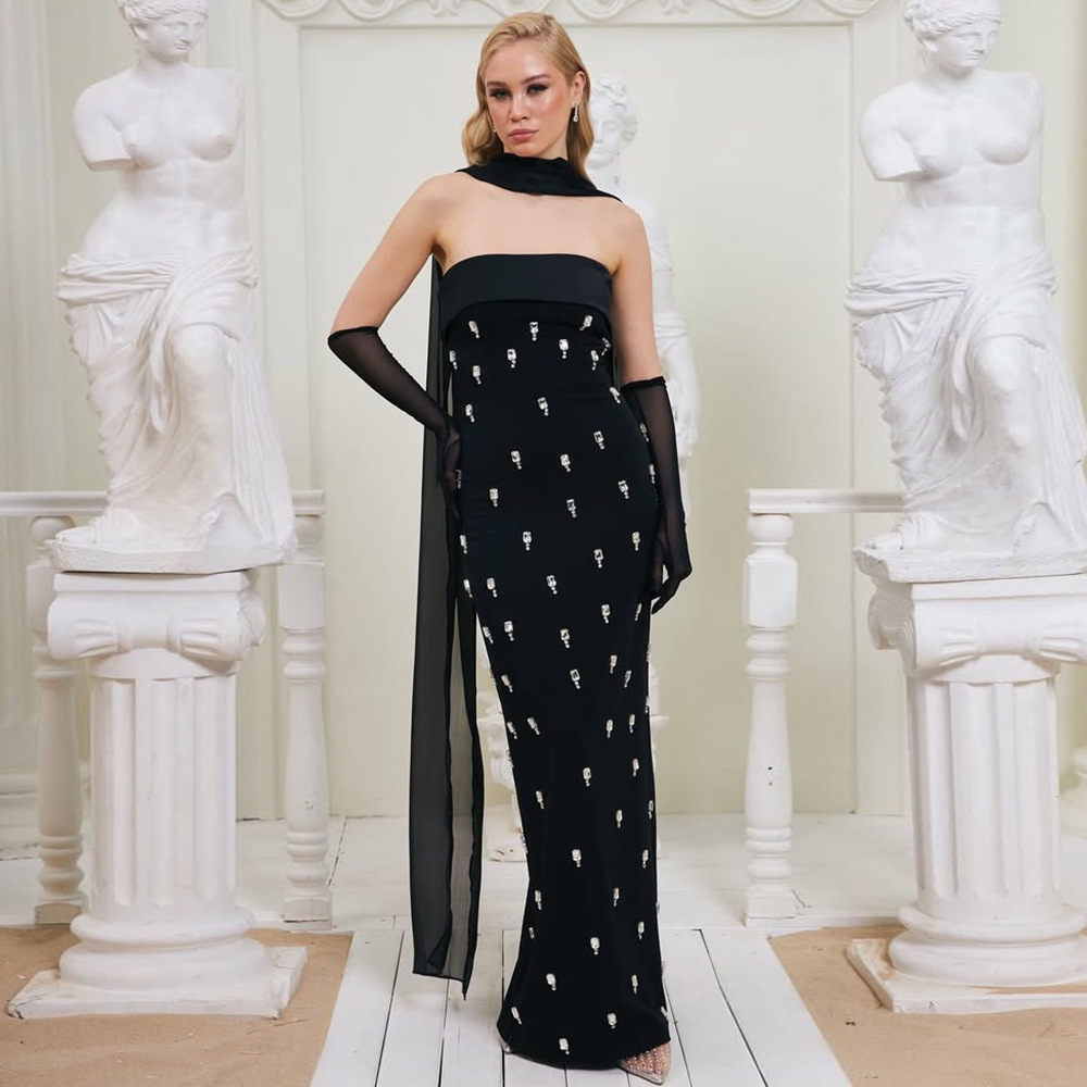 Exquisite Rhinestone Tube Top Bandage One Piece Dress Party Gathering Halter Ribbon Evening Dress