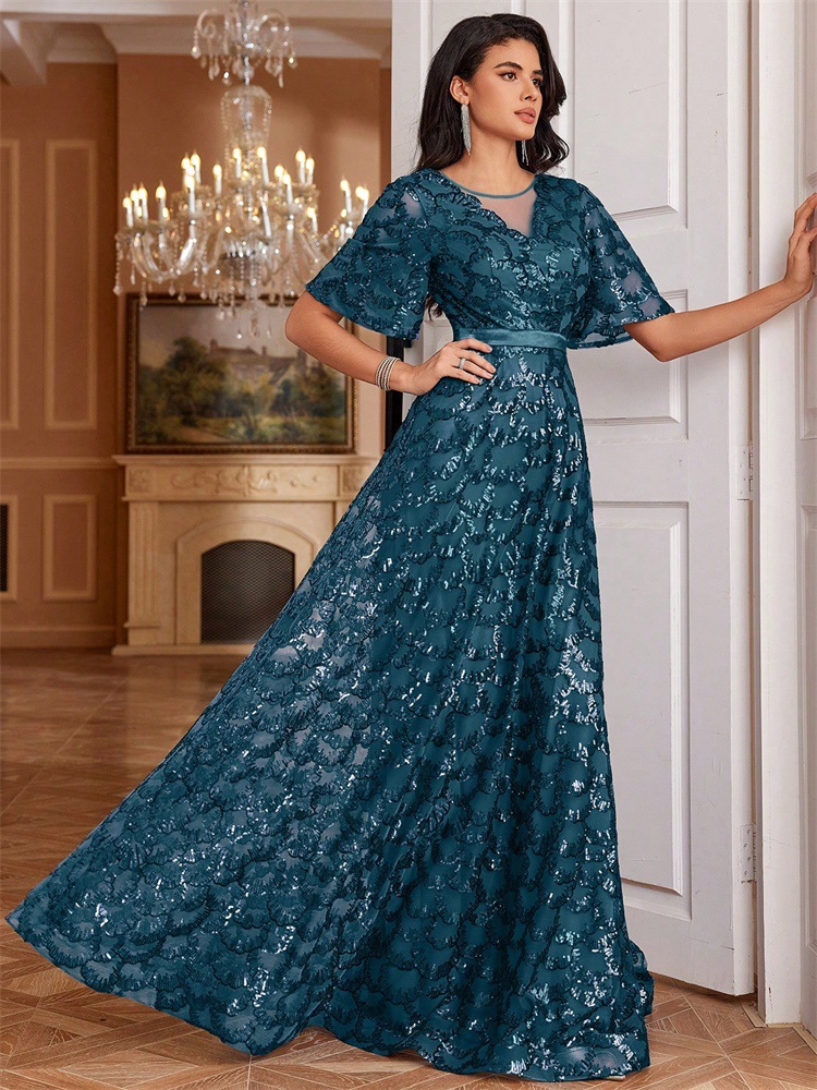 Sequined A line Elegant Square Collar Short Sleeve Party Dress - Image 5