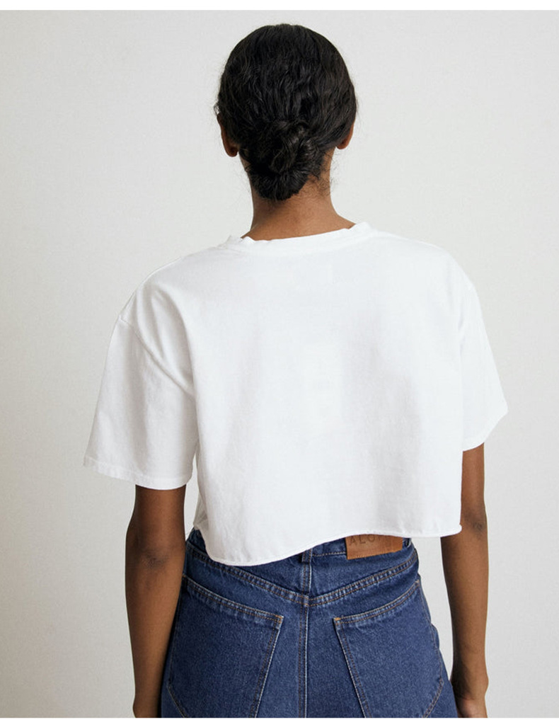 Short Sleeved T shirt Summer Pure Cotton Solid Color Cropped Round Neck Top - Image 6
