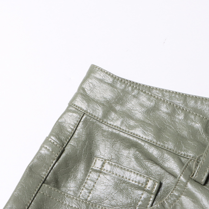 Unique High Waist Large Pocket Faux Leather Straight Leg Pants - Image 6