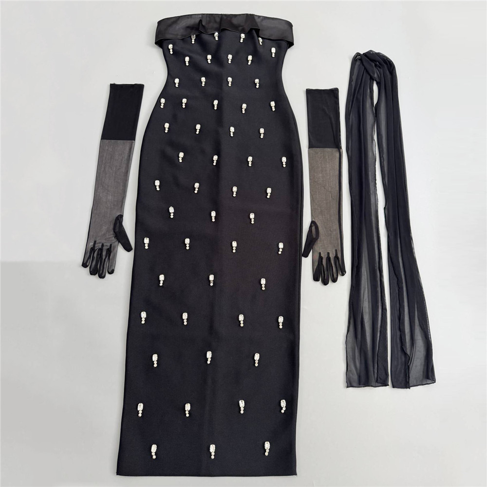 Exquisite Rhinestone Tube Top Bandage One Piece Dress Party Gathering Halter Ribbon Evening Dress - Image 6