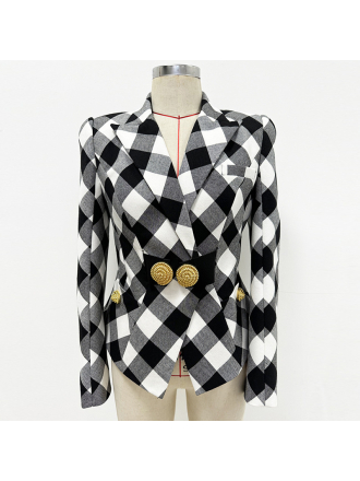 Spring Star Big Metal Buckle Black White Plaid Slim Fit Blazer Jacket