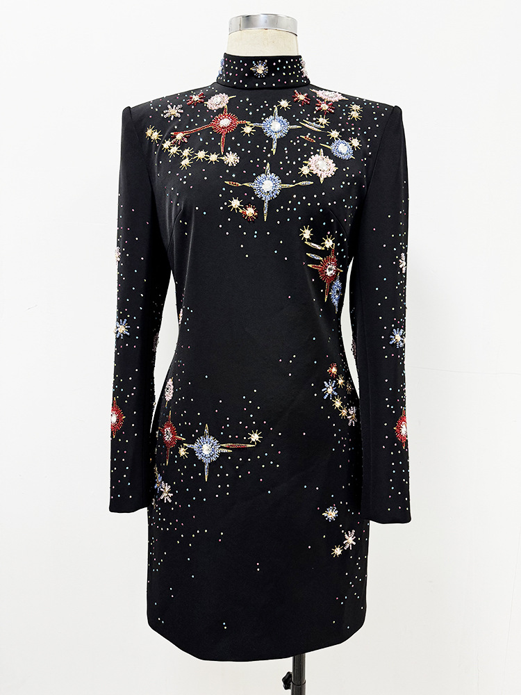 Exquisite Rhinestone Embroidered Beads Rhinestone Slim Fit Long Sleeved Dress - Image 2
