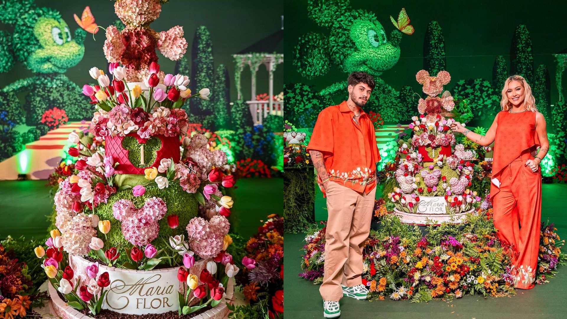 Bolo de festa de aniversário de 1 ano da Maria Flor, no tema Jardim Encantado da Disney, Virginia ao lado do marido Zé Felipe
