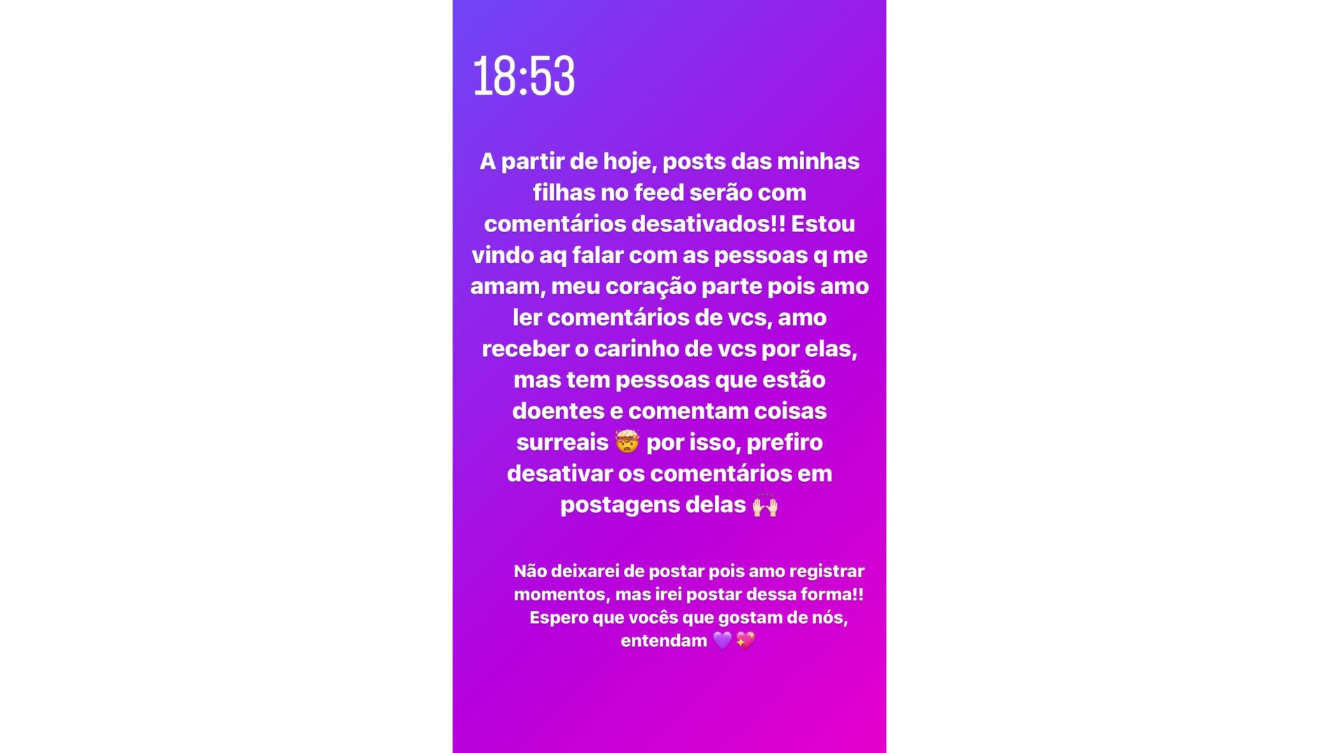 Story de Virginia Fonseca avisando que desativará os comentários das fotos das filhas com Zé Felipe, Maria Alice e Maria Flor