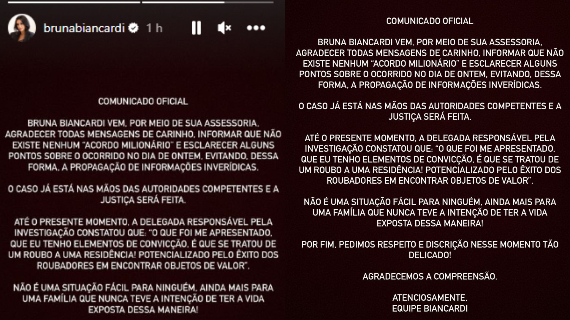Comunicado oficial de Bruna Biancardi sobre assalto à casa de Edson e Telma, seus pais