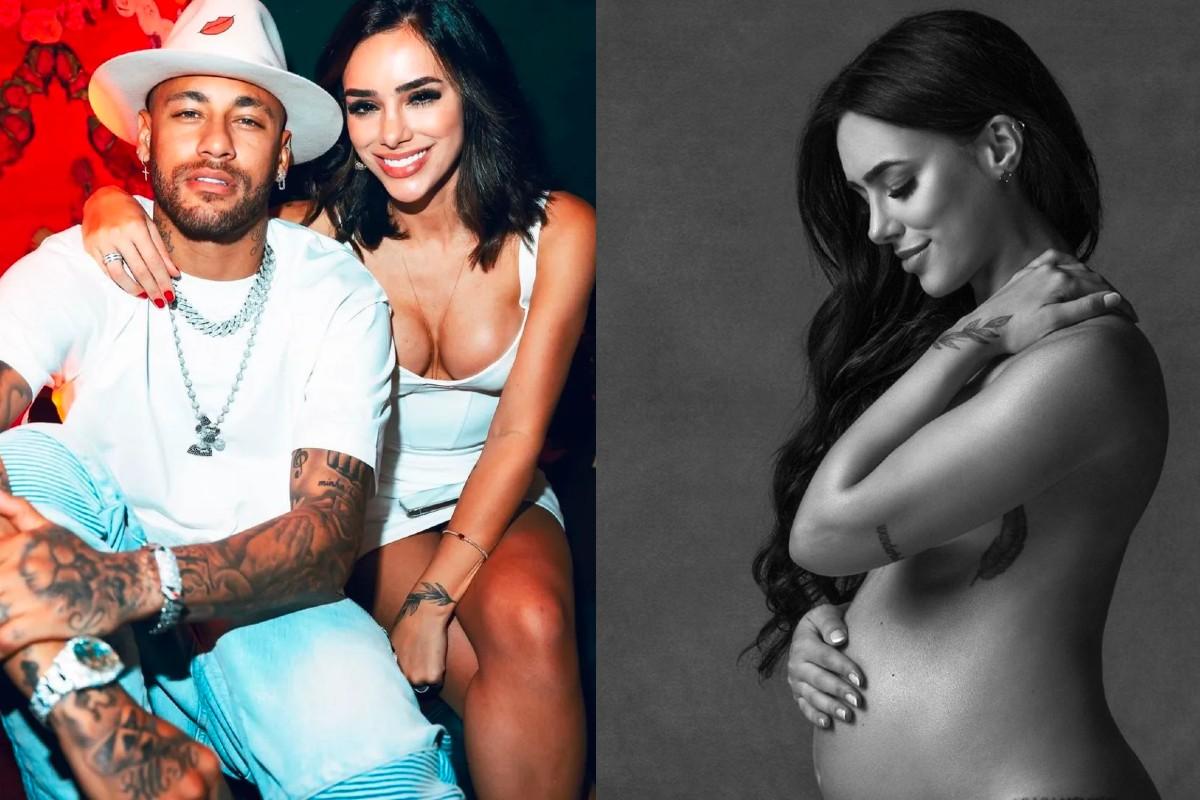 Bruna Biancardi ao lado de Neymar e mostrando a barriga de grávida