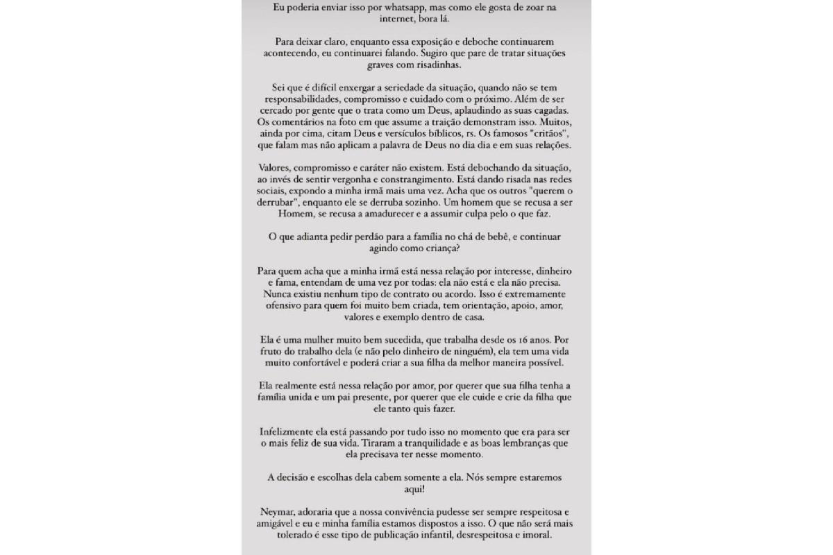 Bianca Biancardi, irmã de Bruna Biancardi, posta crítica a Neymar