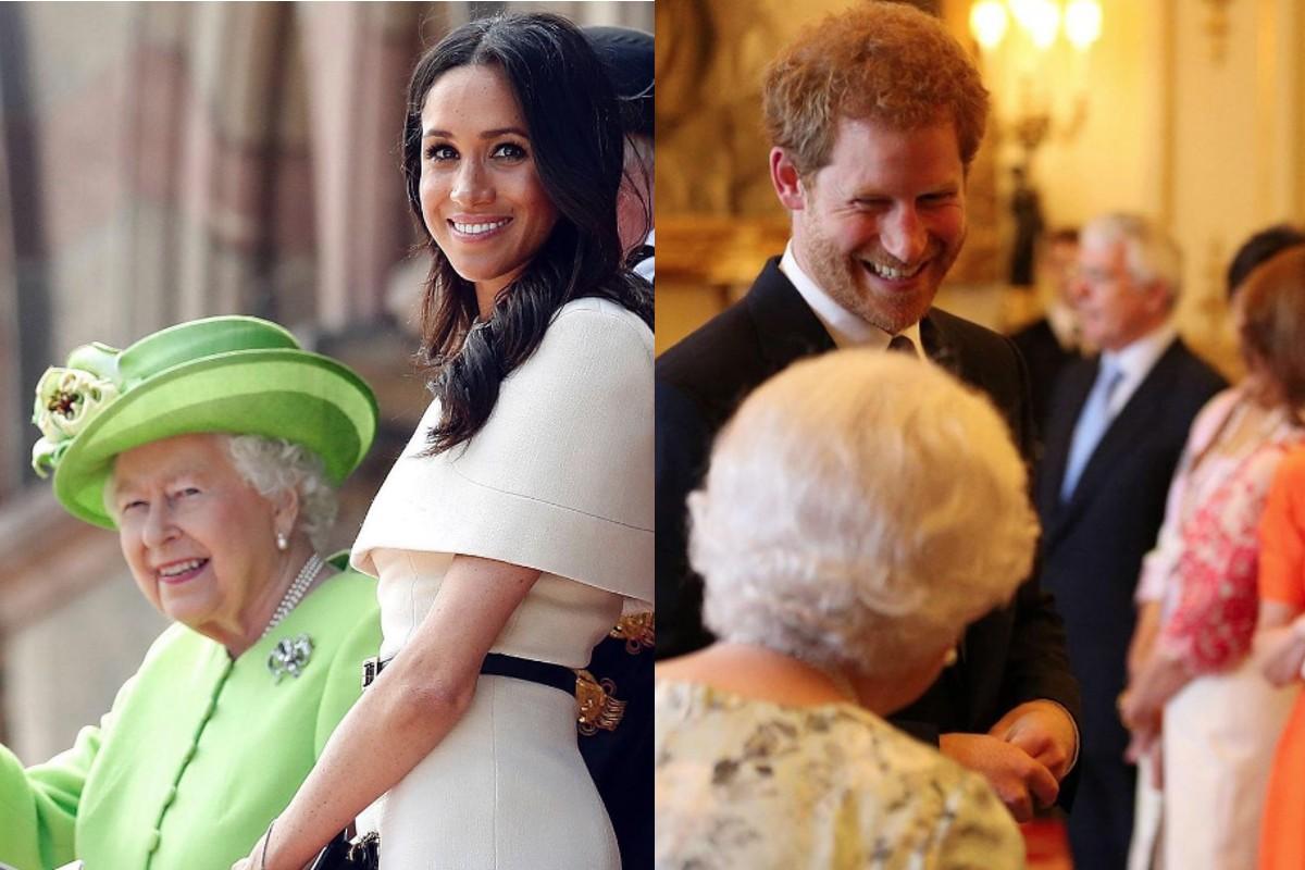 Meghan Markle com a falecida Rainha Elizabeth e príncipe Harry, seu neto