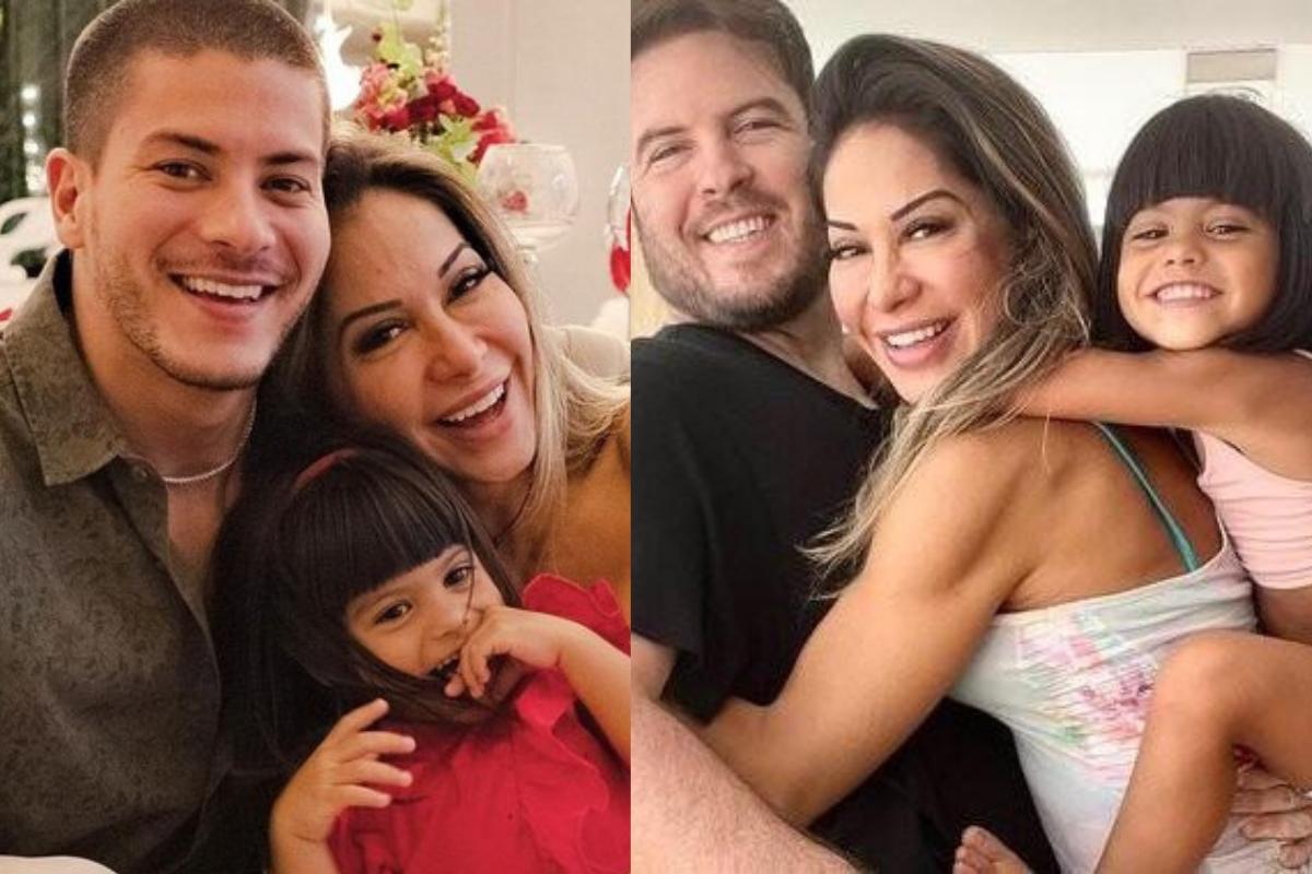 Maíra Cardo com Sofia, ao lado de Arthur Aguiar à esquerda e ao lado de Thiago Nigro à direita