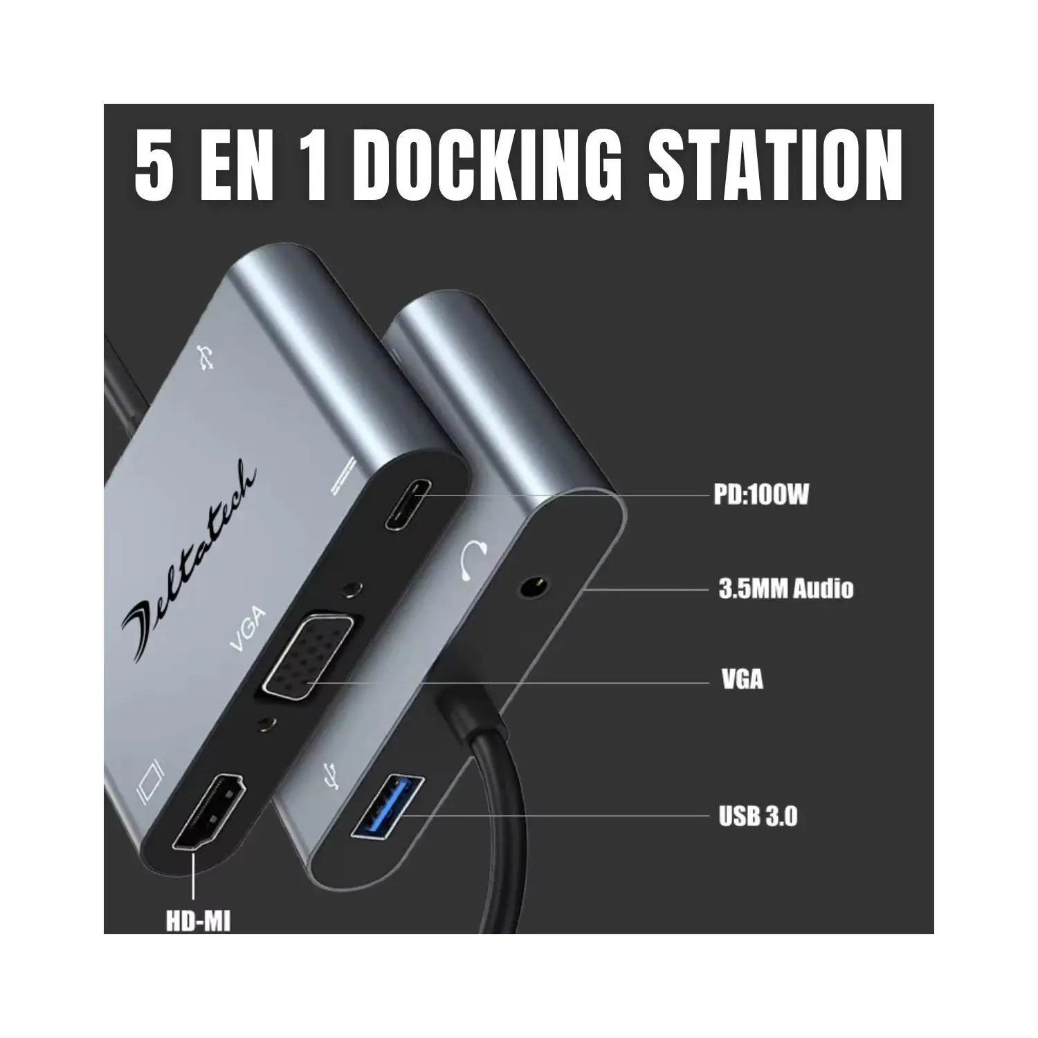 HUB USB TIPO C MOD. 2002 5 PUERTOS (HDMI+VGA+AUDIO+USB3.0+PD