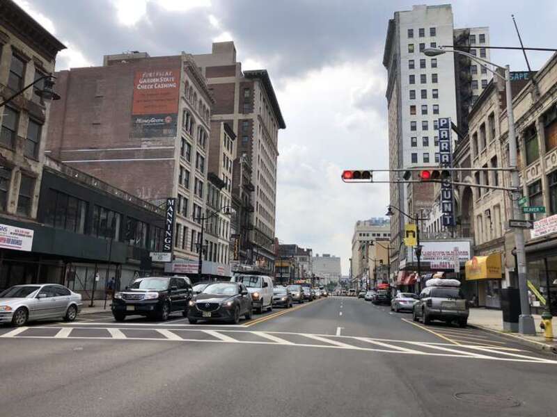 View west along Essex County Route 510 (Market Street) at Beaver Street in Newark, Essex County, New Jersey