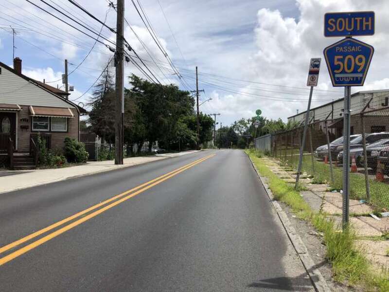 View south along Passaic County Route 509 (Marshall Street) between Atlantic Street and Pacific Street in Paterson, Passaic County, New Jersey