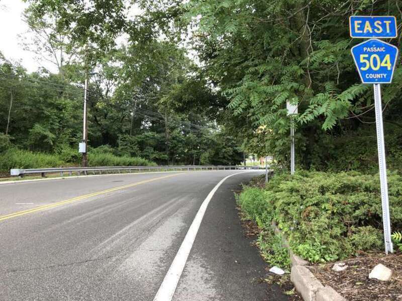 View east along Passaic County Route 504 (Pompton Road) just east of Passaic County Route 673 (Paterson-Hamburg Turnpike) in Wayne Township, Passaic County, New Jersey