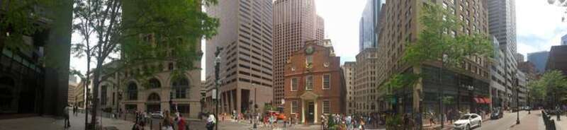Panoramic view of the Old State House in downtown Boston and surrounding buildings as seen from the southwest.
Quoting myself in a discussion on Wikivoyage: "The first time I ever visited Boston was in the summer of 1993 at the age of twelve, and the
