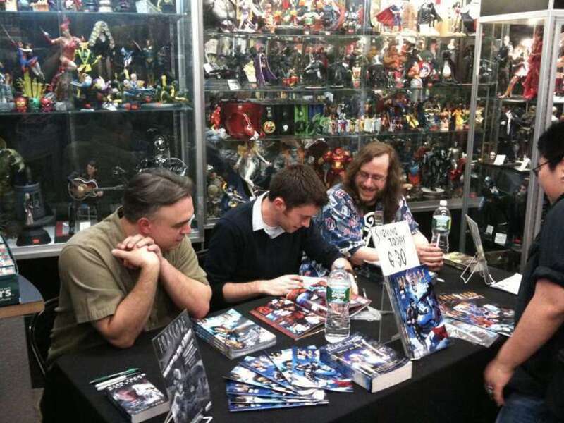 (From left to right:) Comic book creators David Alan Mack, Will Sliney and Keith DeCandido at a signing at Forbidden Planet in Manhattan.