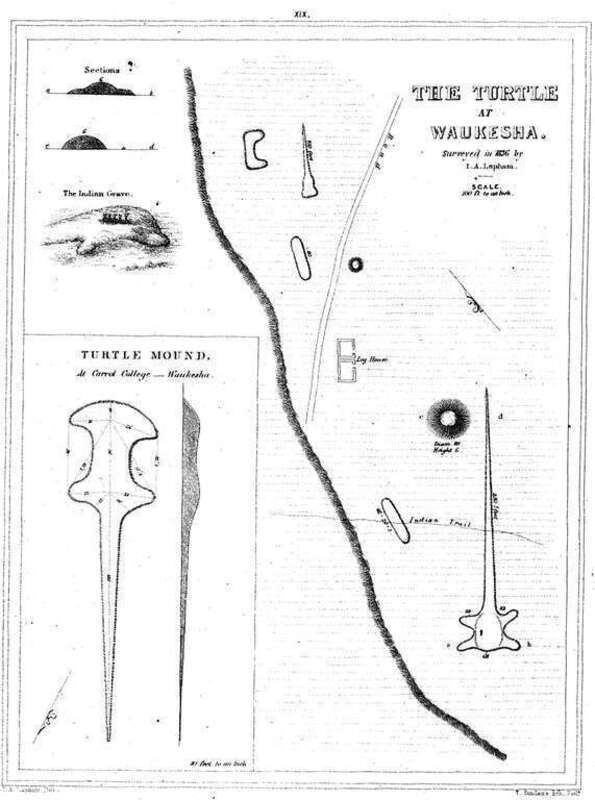 Artificial, ceremonial earthwork, called effigy mound, in the shape of an animal, near Waukesha, Wisconsin, USA, created by prehistoric native Americans. Then identified as turtle, now linked to a water spirit. Steel engraving, mid 19th century.