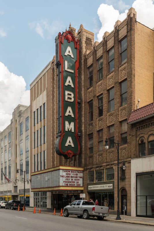 A west view of the facade and sign of Alabama Theatre, Birmingham, Alabama