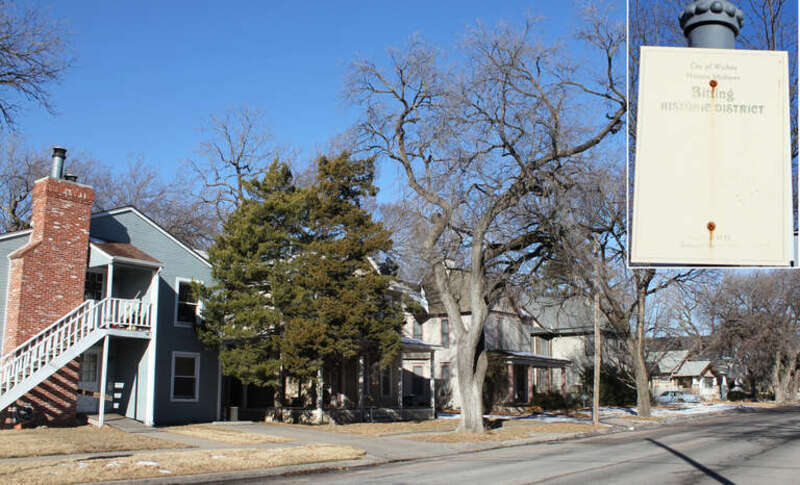 A portion of the Bitting Historic District, located at the intersection of 11th Street and North Bitting, in Wichita, Kansas. The district is listed on the National Register of Historic Places. The inset shows a faded sign marking the historic