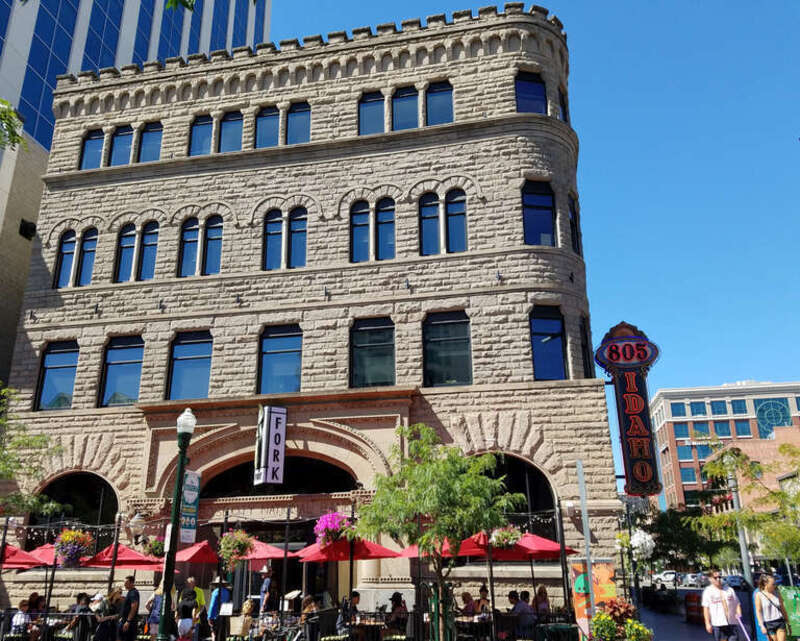 Boise City National Bank (1891) in Boise, Idaho, was designed by James King and remodeled by Tourtellotte &amp; Hummel. The building features sandstone from Table Rock.