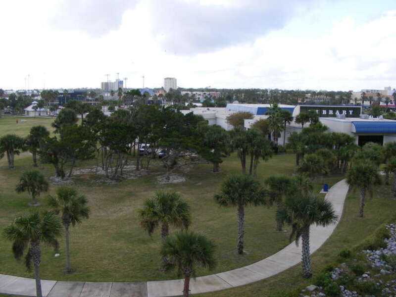 City Island, Daytona Beach, Volusia County, Florida, as viewed from the Broadway Bridge. The City Library is prominent in this photo.