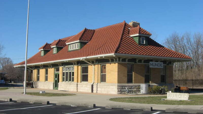 Front and eastern end of the Cincinnati, Richmond, &amp; Muncie Depot, located just northwest of the junction of Wysor and Vine Streets in Muncie, Indiana, United States.  Built in 1901, it is listed on the National Register of Historic Places.