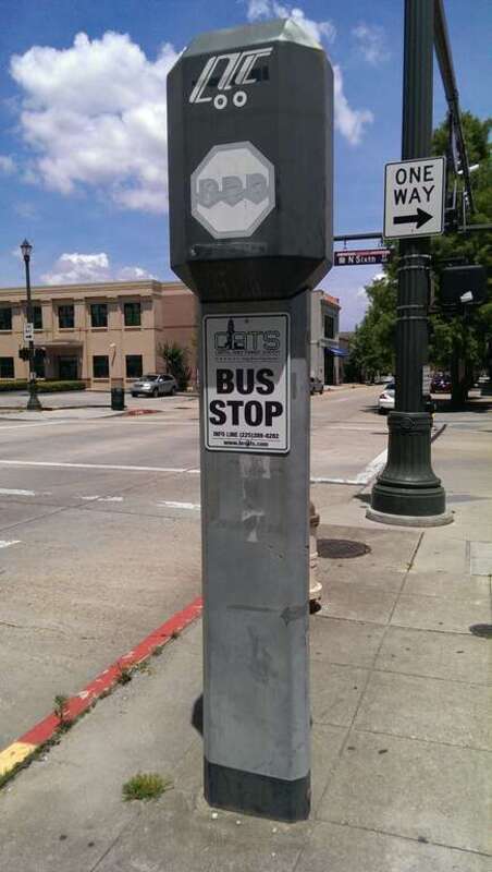Former CTC bus stop pylon displaying a modern CATS stop sign. Most of these indicate a bus stop in the CATS system; one notable exception being the one on the east side of the State Capitol