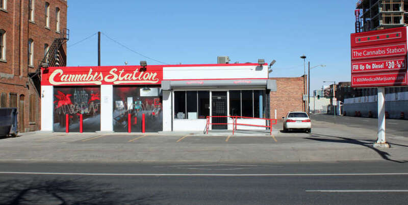 Rocky Mountain High Dispensary - Cannabis Station. The sign says, "Fill Up on Diesel $30 ⅛'s."