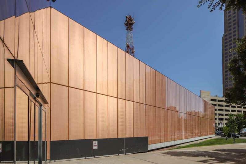 Central Library, Des Moines Public Library, 1000 Grand Ave., Des Moines. Architect: David Chipperfield. Date of opening: April 8, 2006. The building is noted for its 18-foot copper-mesh glass walls.