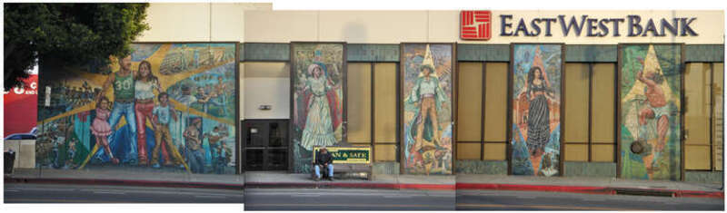 Jan 10: More murals, this time by East Los Streetscapers (see pictures from Wayne Healy's studio below). This one is was painted in 1977, and is in the intersection of Daly and N. Broadway in Lincoln Heights. This one has been restored.