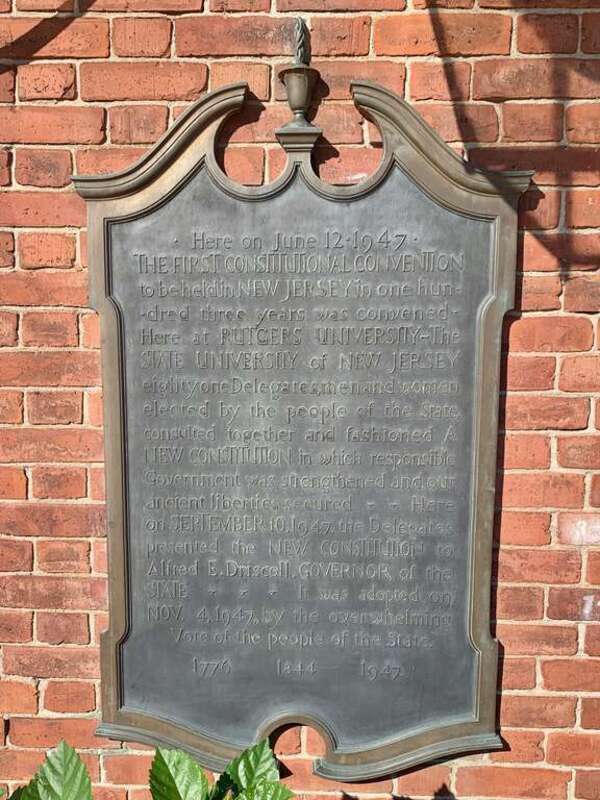 Historical information plaque about the 1947 New Jersey Constitutional Convention held at the College Avenue Gymnasium of Rutgers University in New Brunswick, New Jersey.