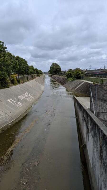 Colma Creek below Orange Memorial Park, looking southeast